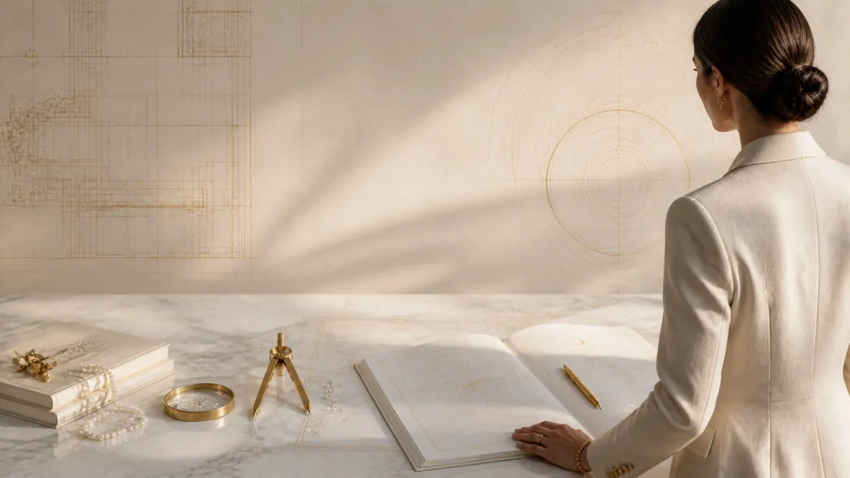 A woman standing at a marble desk with an architectural sovereignty record