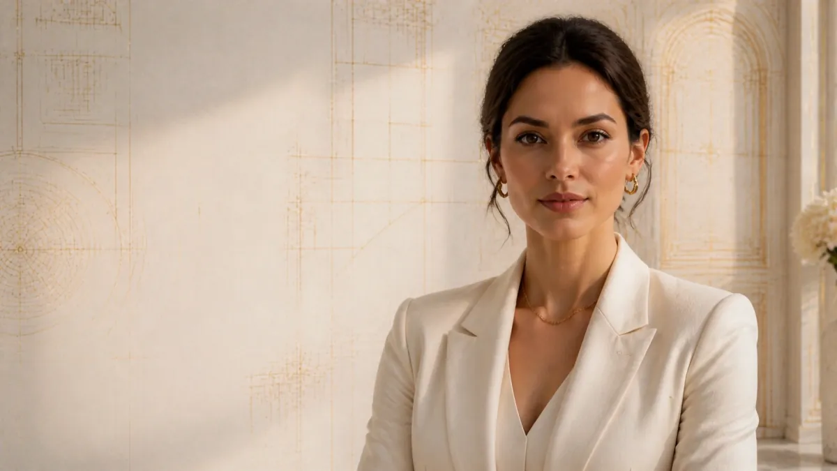 A woman in an ivory blazer writing in a journal