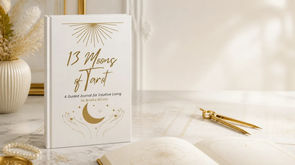 The 13 Moons journal and gold drafting tools arranged as a still life