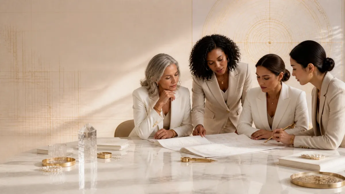 Four women collaborating over architectural plans in a boardroom